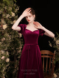 vigocouture-Burgundy Velvet Puffed Sleeve Prom Dress 20734-Prom Dresses-vigocouture-