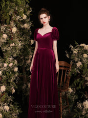 Burgundy Velvet Puffed Sleeve Prom Dress 20734