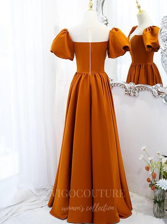 vigocouture-Burnt Orange Prom Dress 2022 Puffed Sleeve 20507-Prom Dresses-vigocouture-