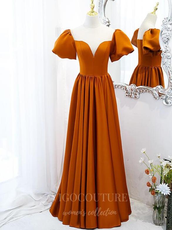 vigocouture-Burnt Orange Prom Dress 2022 Puffed Sleeve 20507-Prom Dresses-vigocouture-Burnt Orange-US2-