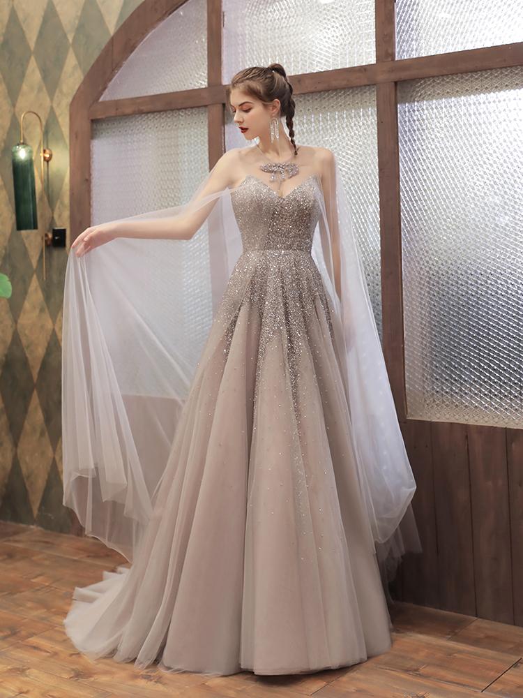 vigocouture-Cape Sleeve Beaded Prom Dress 2022 Strapless Prom Gown-Prom Dresses-vigocouture-Silver-US2-