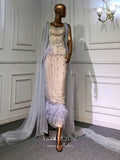 vigocouture-Cape Sleeve Formal Dresses Beaded Evening Dresses 21520-Prom Dresses-vigocouture-Champagne-US2-