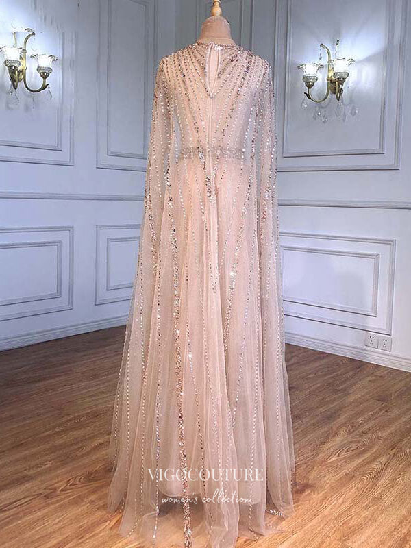 vigocouture-Cape Sleeve Formal Dresses Beaded Evening Dresses 21525-Prom Dresses-vigocouture-