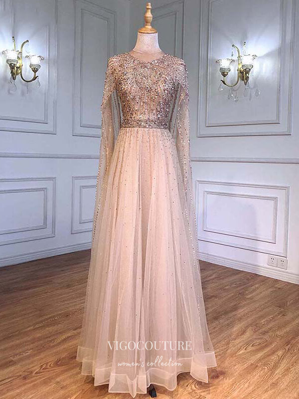 vigocouture-Cape Sleeve Formal Dresses Beaded Evening Dresses 21525-Prom Dresses-vigocouture-Champagne-US2-
