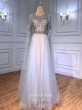 vigocouture-Cape Sleeve Formal Dresses Beaded Evening Dresses 21525-Prom Dresses-vigocouture-Silver-US2-