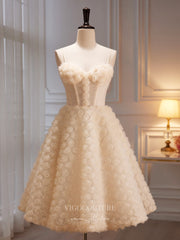 Champagne 3D Rosette Homecoming Dresses Mid-Length Spaghetti Strap Prom Dress hc238