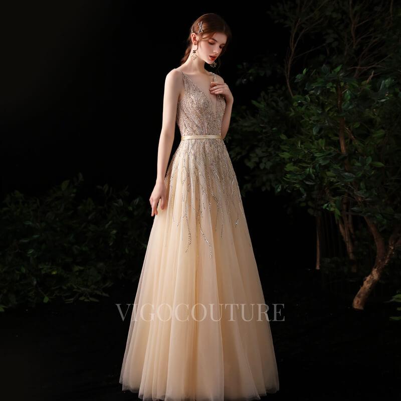 vigocouture-Champagne A-line Beaded Prom Dresses 20146-Prom Dresses-vigocouture-