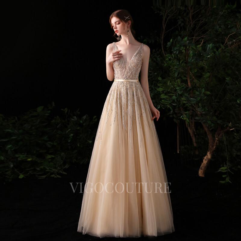 vigocouture-Champagne A-line Beaded Prom Dresses 20146-Prom Dresses-vigocouture-