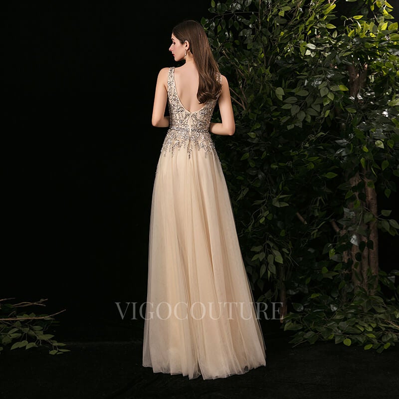 vigocouture-Champagne A-line Prom Dresses Plunging V-neck Beaded Prom Gown 20137-Prom Dresses-vigocouture-