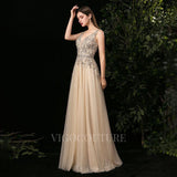 vigocouture-Champagne A-line Prom Dresses Plunging V-neck Beaded Prom Gown 20137-Prom Dresses-vigocouture-
