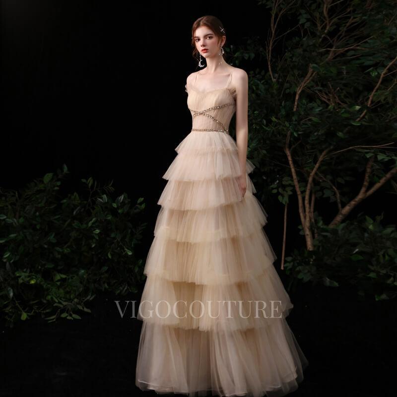 vigocouture-Champagne A-line Prom Dresses Tiered Spaghetti Strap Evening Dresses 20078-Prom Dresses-vigocouture-