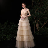 vigocouture-Champagne A-line Prom Dresses Tiered Spaghetti Strap Evening Dresses 20078-Prom Dresses-vigocouture-