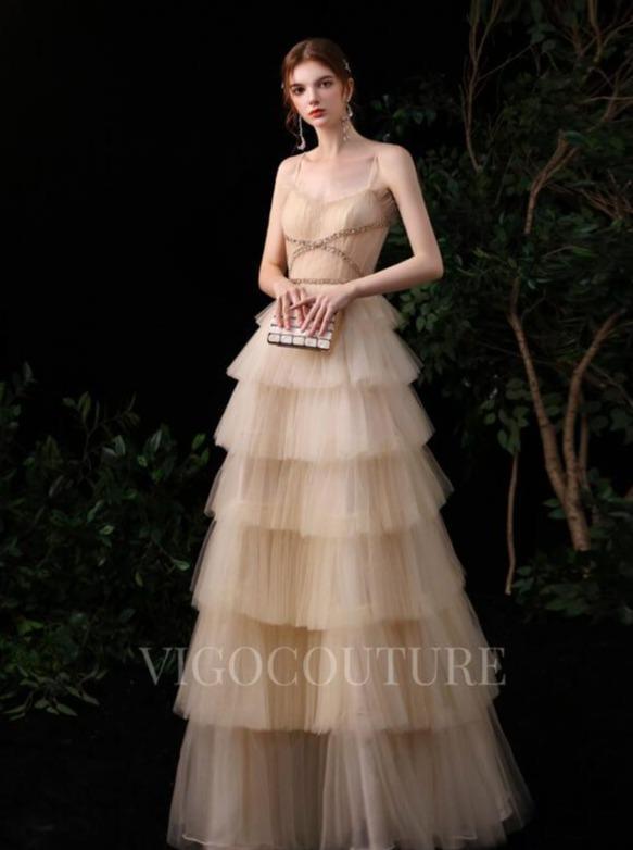 vigocouture-Champagne A-line Prom Dresses Tiered Spaghetti Strap Evening Dresses 20078-Prom Dresses-vigocouture-Champagne-US2-