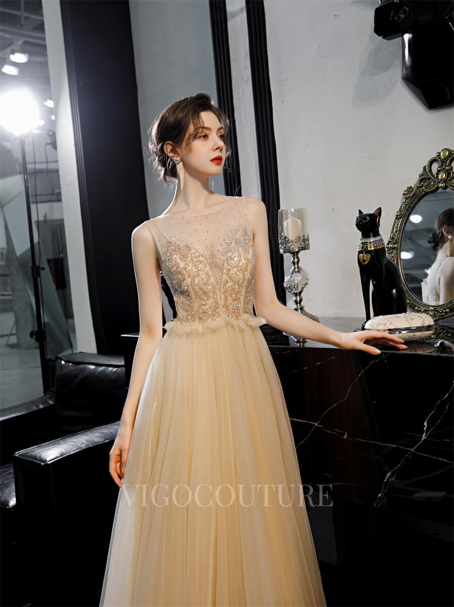 vigocouture-Champagne A-line Prom Gown Beaded Boatneck Prom Dresses 20166-Prom Dresses-vigocouture-