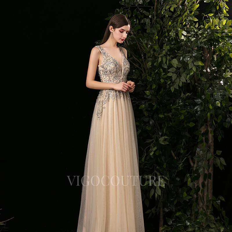 vigocouture-Champagne A-line Prom Gown Plunging V-neck Beaded Prom Dresses 20266-Prom Dresses-vigocouture-