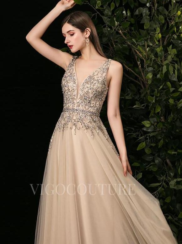 vigocouture-Champagne A-line Prom Gown Plunging V-neck Beaded Prom Dresses 20266-Prom Dresses-vigocouture-Champagne-US2-