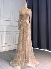 Champagne Beaded 20s Prom Dresses Long Sleeve Evening Dress 22137