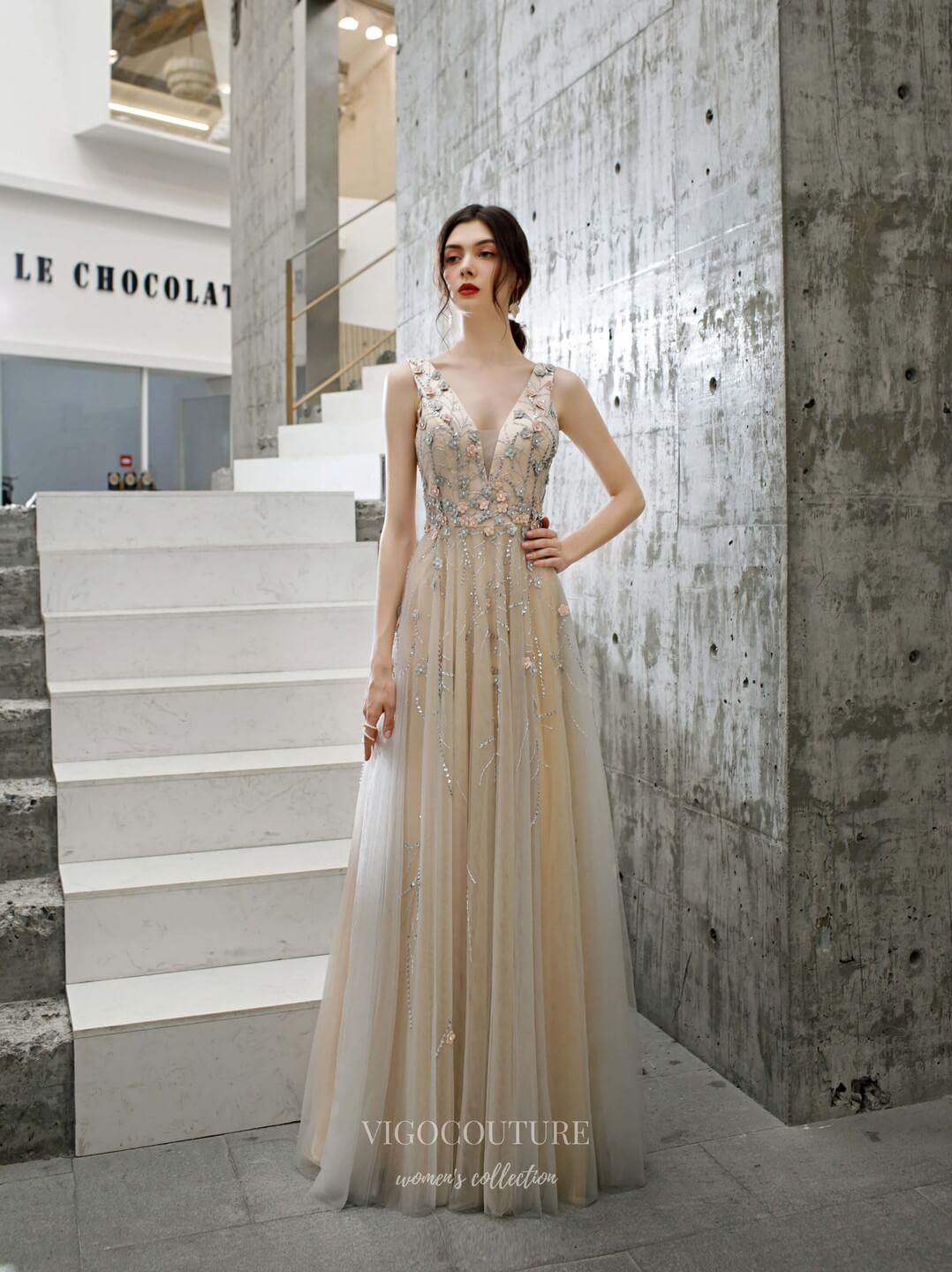 vigocouture-Champagne Beaded Formal Dresses V-Neck Prom Dresses 20181-Prom Dresses-vigocouture-