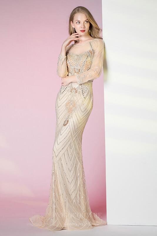 vigocouture-Champagne Beaded Long Sleeve Prom Dress 20784-Prom Dresses-vigocouture-