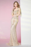 vigocouture-Champagne Beaded Long Sleeve Prom Dress 20784-Prom Dresses-vigocouture-