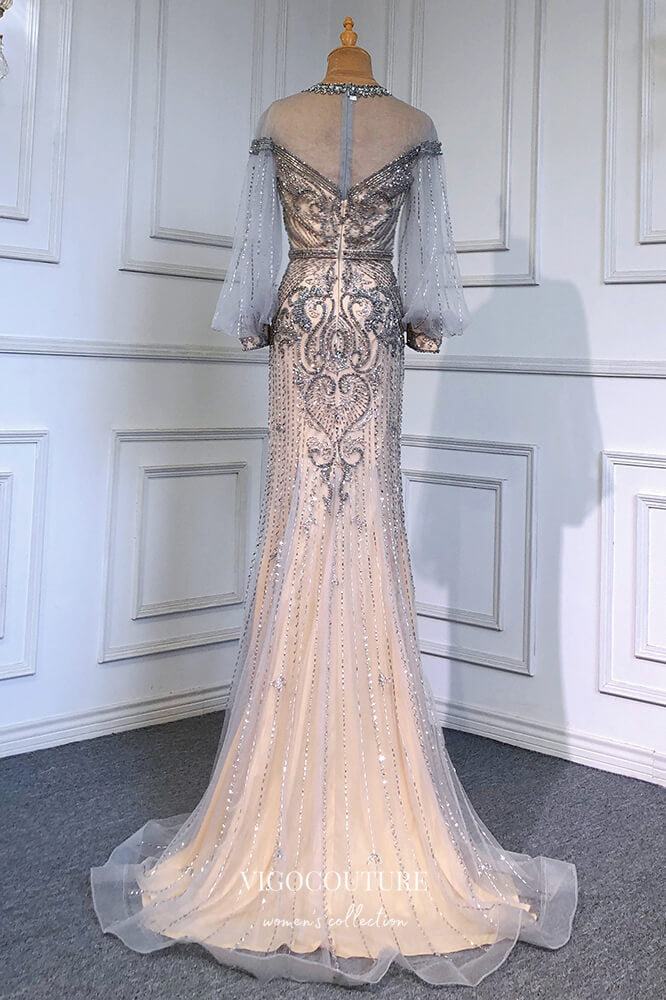 vigocouture-Champagne Beaded Mermaid Formal Dresses Long Puffed Sleeve Prom Dress 21616-Prom Dresses-vigocouture-