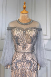 vigocouture-Champagne Beaded Mermaid Formal Dresses Long Puffed Sleeve Prom Dress 21616-Prom Dresses-vigocouture-