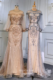 Champagne Beaded Mermaid Formal Dresses Long Puffed Sleeve Prom Dress 21616