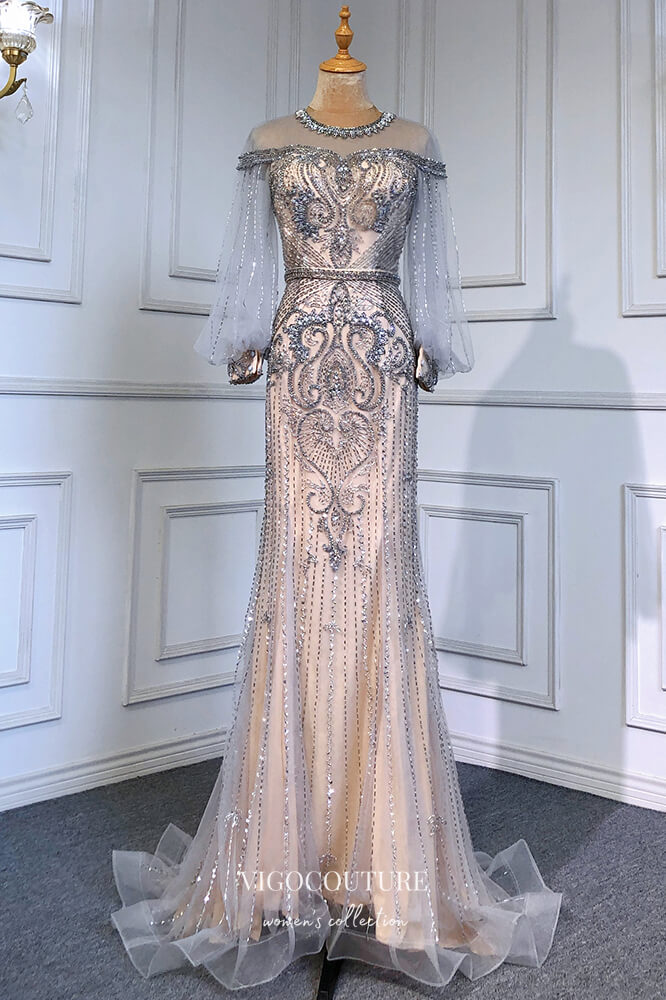 vigocouture-Champagne Beaded Mermaid Formal Dresses Long Puffed Sleeve Prom Dress 21616-Prom Dresses-vigocouture-Silver-US2-