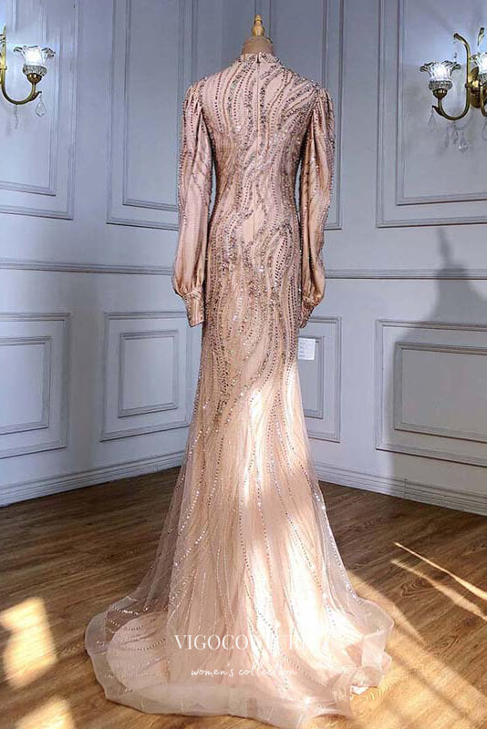 vigocouture-Champagne Beaded Mermaid Formal Dresses Long Sleeve Prom Dress 21611-Prom Dresses-vigocouture-