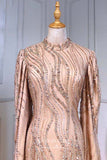 vigocouture-Champagne Beaded Mermaid Formal Dresses Long Sleeve Prom Dress 21611-Prom Dresses-vigocouture-