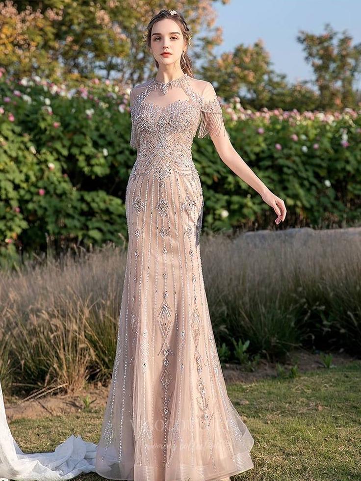 vigocouture-Champagne Beaded Mermaid Prom Dress 20257-Prom Dresses-vigocouture-