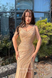 Champagne Beaded Mermaid Prom Dress with Cape Sleeve and Slit 22242-Prom Dresses-vigocouture-Champagne-US2-vigocouture