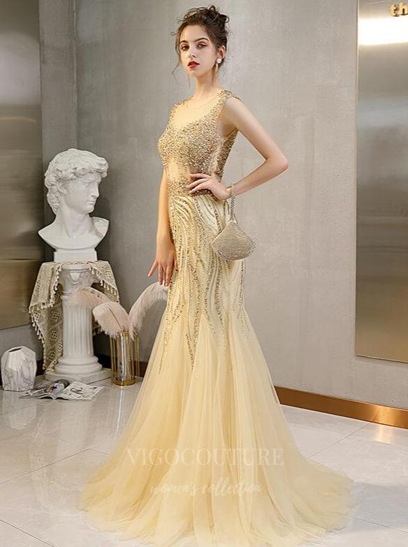 vigocouture-Champagne Beaded Prom Dress 20264-Prom Dresses-vigocouture-Champagne-US2-