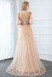 vigocouture-Champagne Beaded Prom Dresses Cape Sleeve Evening Dresses 20802-Prom Dresses-vigocouture-