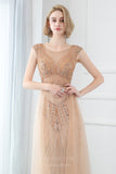 vigocouture-Champagne Beaded Prom Dresses Cape Sleeve Evening Dresses 20802-Prom Dresses-vigocouture-