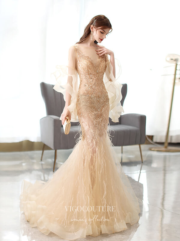 vigocouture-Champagne Beaded Prom Dresses Mermaid Formal Dresses 21505-Prom Dresses-vigocouture-