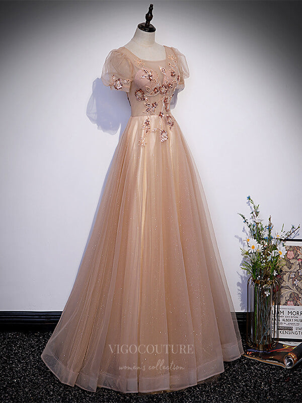 vigocouture-Champagne Beaded Tulle Puffed Sleeve Prom Dress 20885-Prom Dresses-vigocouture-