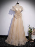vigocouture-Champagne Beaded Tulle Puffed Sleeve Prom Dress 20905-Prom Dresses-vigocouture-