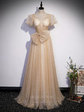 Champagne Beaded Tulle Puffed Sleeve Prom Dress 20905