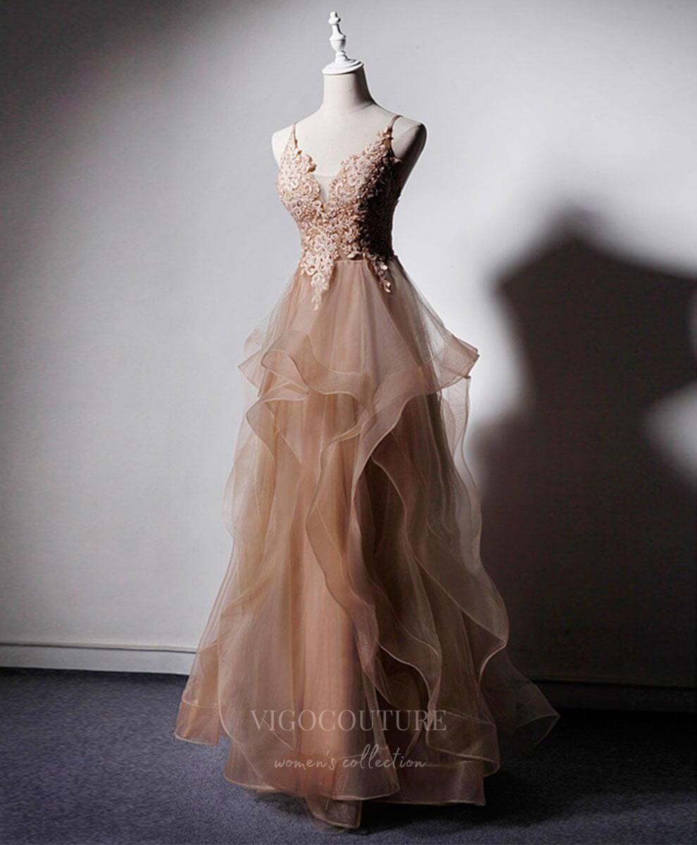 vigocouture-Champagne Beaded V-Neck Tulle Spaghetti Strap Prom Dress 20909-Prom Dresses-vigocouture-