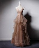 vigocouture-Champagne Beaded V-Neck Tulle Spaghetti Strap Prom Dress 20909-Prom Dresses-vigocouture-Champagne-Custom Size-