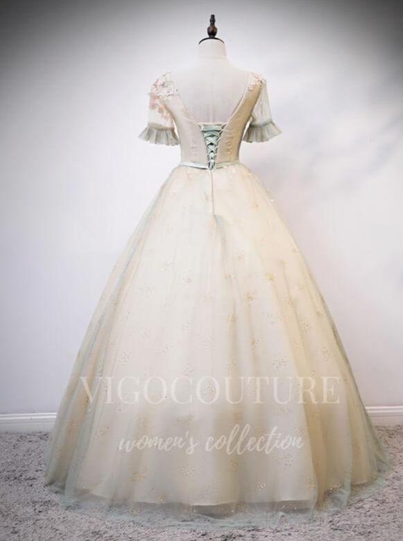 vigocouture-Champagne Boat Neck Quinceañera Dresses Lace Applique Ball Gown 20464-Prom Dresses-vigocouture-
