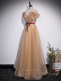 vigocouture-Champagne Dotted Tulle Spaghetti Strap Prom Dress 20891-Prom Dresses-vigocouture-