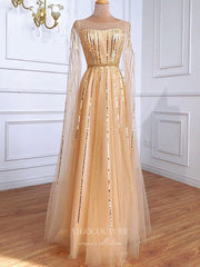 Champagne Extra Long Sleeve Prom Dresses Sequin Formal Dresses 21309