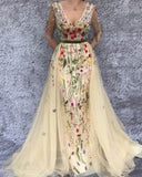 Champagne Floral Lace Long Sleeve Prom Dress 20990
