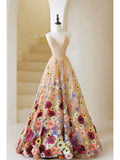 Champagne Floral Prom Dresses Strapless Formal Dress 22043-Prom Dresses-vigocouture-Champagne-Custom Size-vigocouture