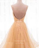 vigocouture-Champagne Layered Ruffle Prom Dresses Spaghetti Strap Evening Dress 21679-Prom Dresses-vigocouture-