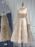 Champagne Layered Tea-Length Prom Dresses Long Sleeve Evening Dress 22166