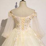 vigocouture-Champagne Long Sleeve Quinceañera Dresses Lace Applique Ball Gown 20466-Prom Dresses-vigocouture-