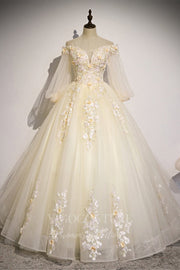 Champagne Long Sleeve Quinceañera Dresses Lace Applique Ball Gown 20466